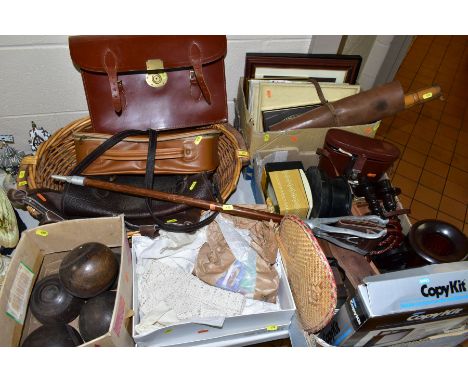 FOUR BOXES, A BASKET AND LOOSE SUNDRY ITEMS, to include shooting stick, leather briefcase, cased Carl Ziess Jena binoculars, 