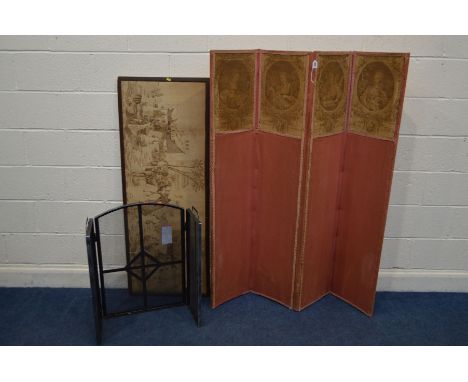 A PINK UPHOLSTERED THREE FOLD FLOOR STANDING SCREEN, depicting female figures, together with an Egyptian wall tapestry and a 