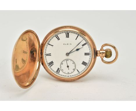 AN EARLY 20TH CENTURY 9CT GOLD ELGIN FULL HUNTER POCKET WATCH, white enamel dial with Roman numerals and blue steel hands, se