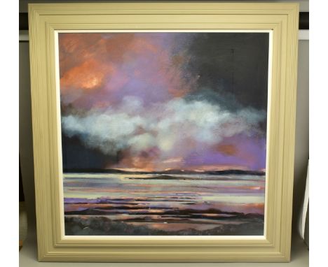 EMMA S DAVIS (SCOTTISH 1975) 'EVENING LIGHT OVER WESTERN ISLES', a Scottish coastal landscape, signed bottom right, mixed med