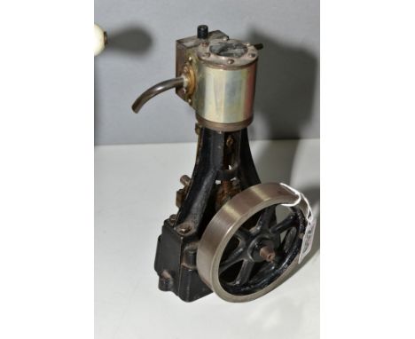 AN UNMARKED VERTICAL SINGLE CYLINDER LIVE STEAM ENGINE, possibly a Stuart Turner model, not tested spoked flywheel (diameter 
