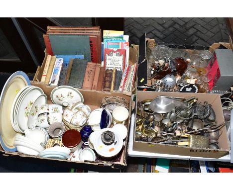 FOUR BOXES OF CERAMICS, GLASS, METALWARES, PICTURES, BOOKS, etc, to include oil lamp, cutlery, plated items, Old Hall cruet s