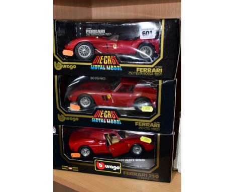 THREE BOXED BURAGO 1/18 SCALE FERRARI DIECAST SPORTS CAR MODELS, 1957 250 Testa Rossa, No 3007, 1962 250GTO, No 3011 and 1965