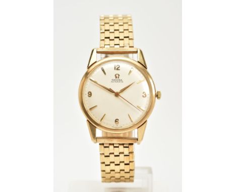 A GENTS 9CT GOLD OMEGA AUTOMATIC WRISTWATCH, cream dial signed 'Omega automatic', Arabic and baton markers gold coloured hand