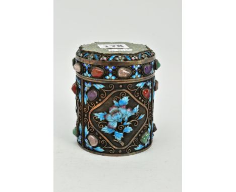 A SEMI PRECIOUS GEM SET, ENAMEL WHITE METAL LIDDED JAR, of circular design set with semi-precious cabochon gemstones such as 