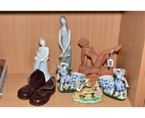 A GROUP OF CERAMICS AND COLLECTABLES, including a pair of child's vintage brown leather boots, a Royal Worcester figure 'Sist