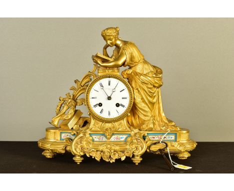 A 19TH CENTURY FRENCH ORMOLU FIGURAL MANTEL CLOCK, the enamel dial (s.d) with Roman numerals, named A.B. Savory &amp; Sons, e