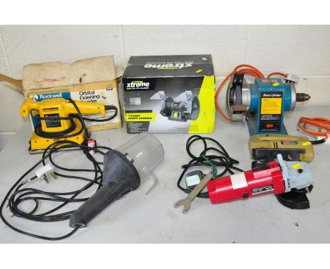 A BOX CONTAINING SIX POWER TOOLS, including a brand new in box Challenger Extreme bench grinder (no PAT required), a Black an