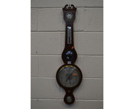 A 19TH CENTURY MAHOGANY AND STRUNG WHEEL BAROMETER, signed 'Moses Levi, Ipswich', height 97cm