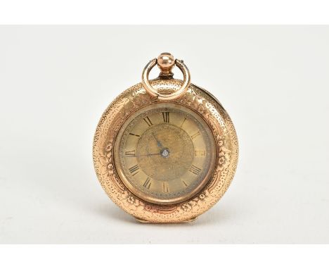 A LADY'S HALF HUNTER POCKET WATCH, the yellow metal watch, with an engine turn and floral engraved dial, roman numerals, with