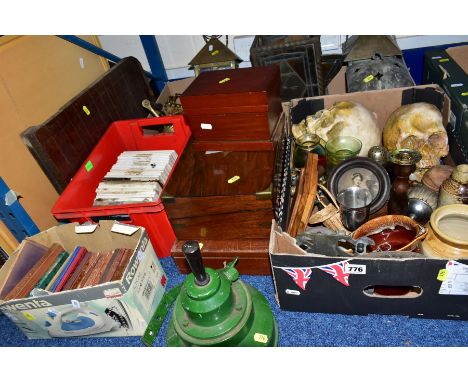 FIVE BOXES AND LOOSE SUNDRY ITEMS to include a mahogany writing slope, incomplete interior, wooden box with watch makers tool