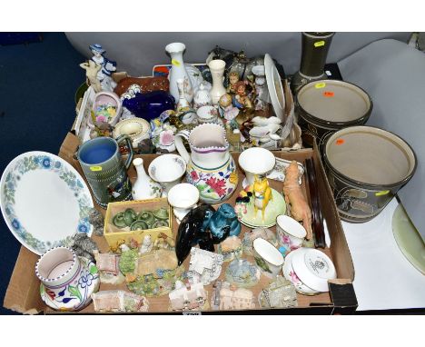 TWO BOXES AND LOOSE CERAMICS, including three Denby vases/planters, Lilliput Lane cottages, (sd), a Poole pottery jug and vas