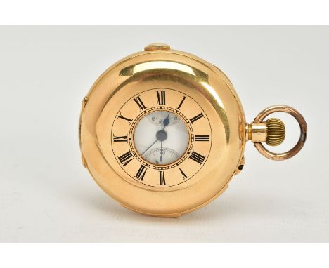 A LATE VICTORIAN 18CT GOLD HALF HUNTER MINUTE REPEATER CHRONOGRAPH POCKET WATCH, white enamel dial with Roman numerals, outer