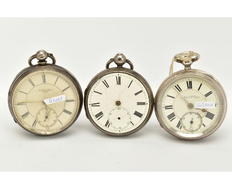 THREE SILVER OPEN FACED POCKET WATCHES, to include an 'R. Wallwork', cream dial, Roman numerals, seconds subsidiary dial at t