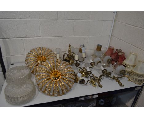 A COLLECTION OF LIGHT FITTINGS, of various ages and styles, to include two brass circular dome ceiling lights, brass five bra