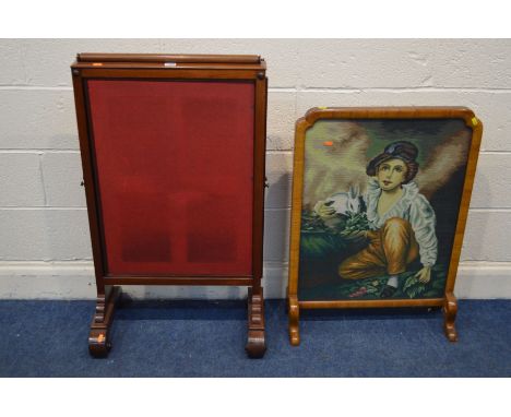 A VICTORIAN MAHOGANY FABRIC FIRESCREEN, with triple pull out panels, together with a needlework firescreen (2)