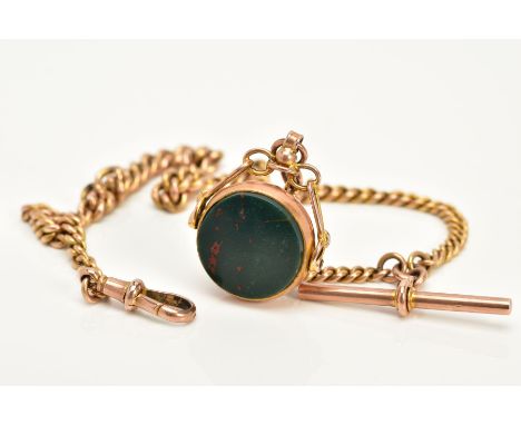 A 9CT GOLD ALBERT CHAIN AND FOB, the swivel fob of circular design, swivels to reveal bloodstone and carnelian panels, within