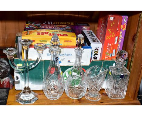 FIVE ITEMS OF GLASSWARE AND A BOX OF BOARD GAMES, including a Villeroy &amp; Boch three light candelabrum, two Edinburgh Crys