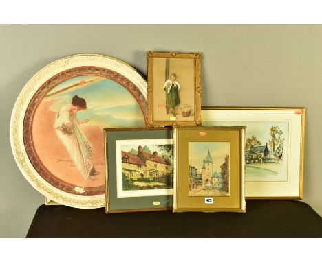 SIX LATE 19TH AND 20TH CENTURY WATERCOLOURS AND PRINTS, including J. Whitehead Continental town square, watercolour, 21cm x 1