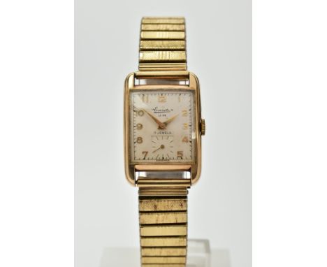 A 9CT GOLD CASED EVERITE WRISTWATCH, cream dial signed 'Everite U.M.', gold coloured Arabic numerals, gold coloured hands, se