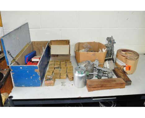 A SERIES OF BOXED CHROME PLATE LETTERING 2'' HIGH varying numbers of each (no E or L), a box of pneumatic spray guns, a roll 