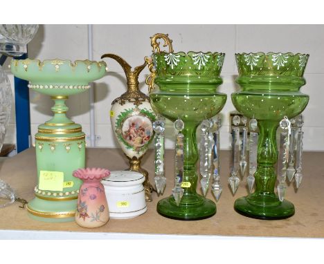 VICTORIAN GLASS WARES, comprising a pair of green Bohemian table lustres, approximate height 34cm - small chips to rims, chip