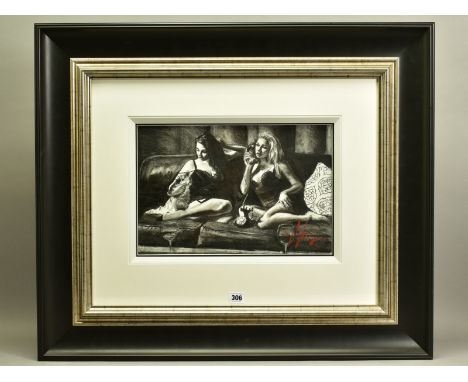 FABIAN PEREZ (ARGENTINA 1967) 'EUGIE &amp; GEO IV), a study of two scantily clad female figures on a sofa, signed bottom righ