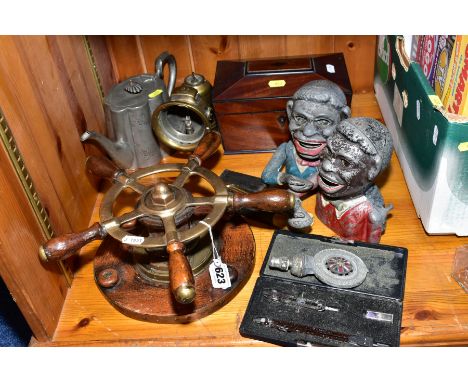 A GROUP OF COLLECTABLES AND METALWARES, etc, including an early 19th Century mahogany and ebony strung tea caddy, two painted