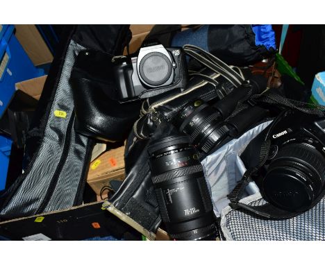 TWO TRAYS CONTAINING PHOTOGRAPHIC AND ELECTRONICS including a Canon EOS 400D SLR camera fitted with a 18-55mm f3.5 lens, a Ca