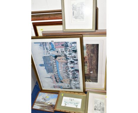 A GROUP OF NINE FRAMED PRINTS, including a colour print of L.S. Lowry's V.E. Day Celebrations, Ian Nathan 'Welcome Return' li