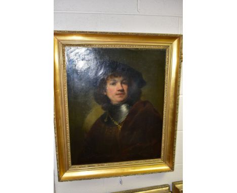 A 19TH CENTURY TRONIE PORTRAIT OF A YOUNG MAN WITH GORGET AND BERET, in the style of the portrait formally attributed to Remb
