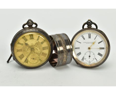 TWO OPEN FACED POCKET WATCHES AND A NAPKIN RING, the first with a white dial signed 'Ford &amp; Galloway Ltd Birmingham', Rom