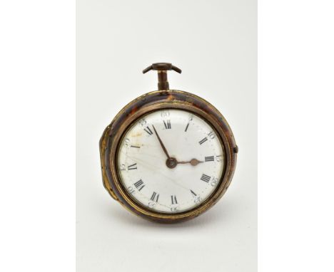 AN EARLY 19TH CENTURY GILT METAL AND TORTOISESHELL PAIR CASED VERGE POCKET WATCH by John Frost, London, No 675, the white ena
