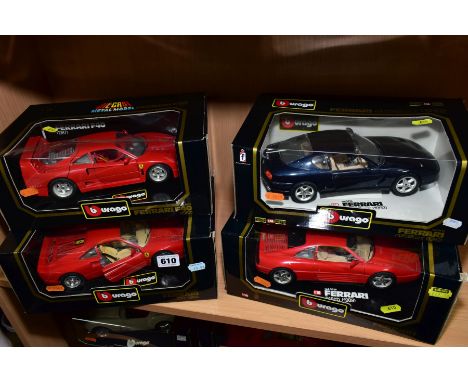 FOUR BOXED BURAGO 1/18 SCALE FERRARI SPORTS CAR MODELS, 1984 GTO, No 3027, 1987 F40, No 3032, 1989 348tb, No 3039 and 1992 45