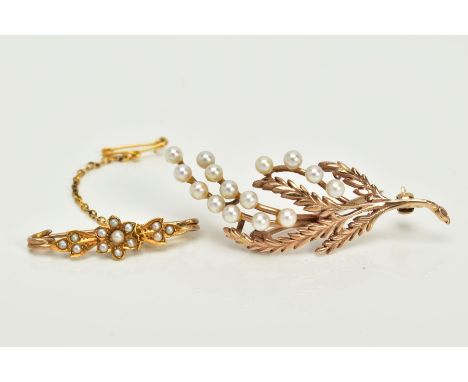 TWO CULTURED PEARL SET BROOCHES, the first in the form of a fern set with cultured seed pearls, hallmarked 9ct gold London, l