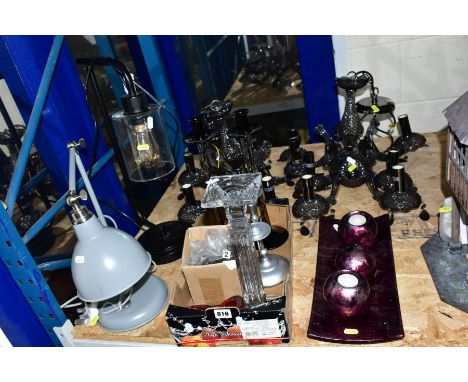 TWO RETRO TABLE LAMPS, VARIOUS CANDLESTICKS, CANDLEHOLDERS, a pair of black plastic electroliers with a matching twin branch 