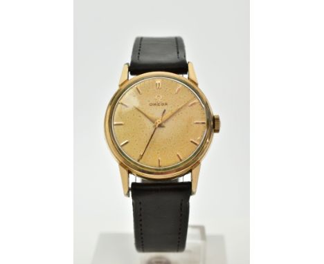 A GENTS GOLD PLATED OMEGA WRISTWATCH, deteriorating cream dial signed 'Omega' gold coloured hands, within a gold plated case,