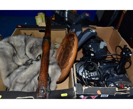 SUNDRY ITEMS to include flight simulator joysticks and yoke, headset, gaming seat with pedals, silver fur shawl by 'The Canad