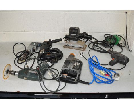 SEVEN 240 VOLT POWER TOOLS including a Hoover 9300 electric drill, a Black and Decker BD502 electric drill, an unbranded Trim