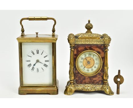 TWO CARRIAGE CLOCKS, to include a brass cased striking carriage clock, white dial with Roman numerals, the movement striking 