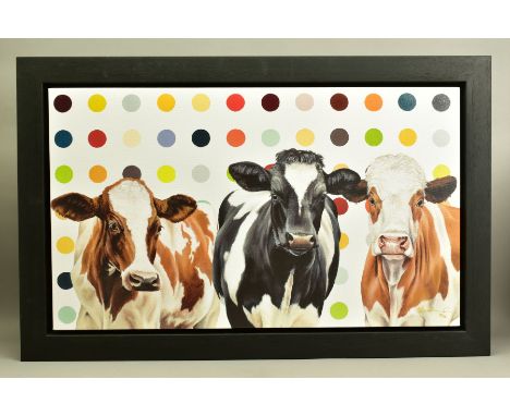 HAYLEY GOODHEAD (BRITISH CONTEMPORARY) 'DAMIENS HERD', a limited edition print on canvas 20/195, cows against a spotted backd