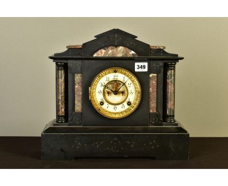 A LATE 19TH CENTURY ANSONIA BLACK SLATE AND MARBLE MANTEL CLOCK OF ARCHITECTURAL FORM, the enamel dial with Brocot escapement