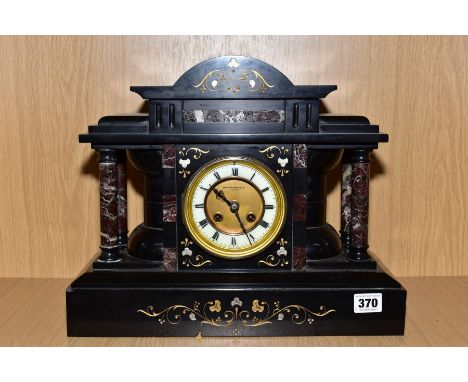 A LATE 19TH CENTURY ARCHITECTURAL AND MARBLE MANTEL CLOCK WITH SILVERED AND GILT PAINTED DETAILS, the enamel chapter ring wit