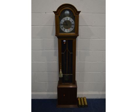 AN EARLY TO MID 20TH CENTURY MAHOGANY LONGCASE CLOCK, the arched hood with a glazed door enclosing a brass and silvered tempu