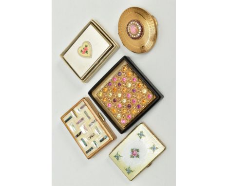 A QUANTITY OF COMPACTS, to include five compacts of various designs such as a musical 'Swan' compact of rectangular form, set