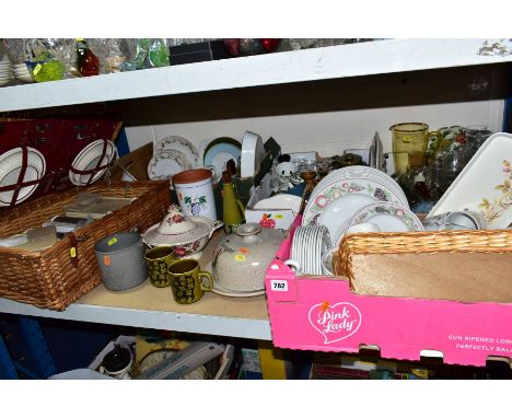 FOUR BOXES AND LOOSE CERAMICS, GLASS AND PICNIC HAMPER, to include Boots 'Orchard' part dinner service, Poole coffee pot and 