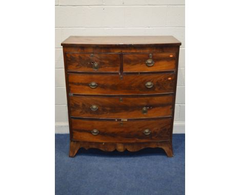 A GEORGIAN MAHOGANY BOWFRONT CHEST OF TWO SHORT OVER THREE LONG DRAWERS, on out splayed bracket feet, width 109cm x depth 53c