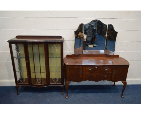 A MAHOGANY TWO DOOR GLAZED CHINA CABINET, on cabriole legs, width 99cm x depth 36cm x height 115cm, together with a mahogany 