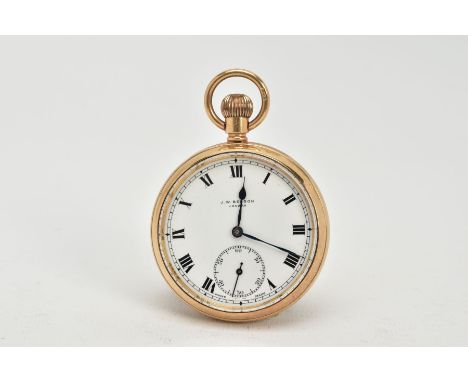 AN EARLY 20TH CENTURY 9CT GOLD J.W. BENSON LONDON OPEN FACE POCKET WATCH, white enamel dial, Roman numerals and blue steel ha
