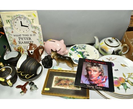 A GROUP OF CERAMICS, etc, to include three Royal Worcester 'Evesham' dinner plates, Japanese tea wares, piggy bank, Rod Stewa